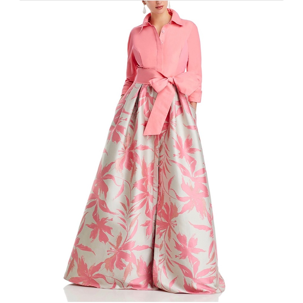 Teri Jon by Rickie Freeman Floral Taffeta Shirt Dress Gown Salmon‎ Pink 4